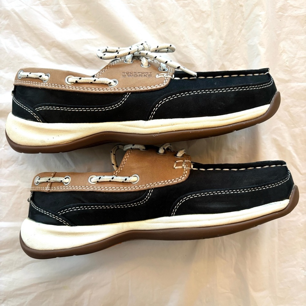 NWOT Rockport Works sailing club navy tan slip resistant SZ 7.5 Safety shoes - Picture 4 of 13